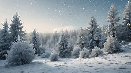 Fototapeta premium Peaceful snowy landscape, frosted pine trees, snow-covered ground, and soft falling snowflakes. Cool tones like white, light blue, and silver with natural lighting or soft glows. Minimal and elegant c