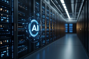 AI Icon Illuminated in a Modern Server Room