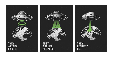 Space UFO posters. Set of 3 posters with UFO abducting people and attack Earth. Retro UFO poster, cover, flyer design. Vector illustration © Denys Holovatiuk