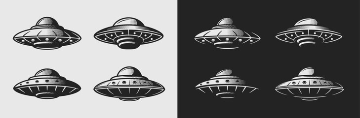 UFO, Spaceship retro icons. Vintage UFO, Flying Saucer set isolated on white and black backgrounds. UFO logo. Vector illustration © Denys Holovatiuk