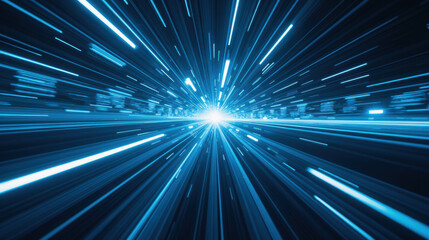 Vibrant burst of light creates sense of speed and motion, with blue streaks radiating outward in dynamic display