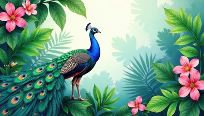 Watercolor peacock in lush foliage; tropical leaves, vibrant background, wallpaper design, exotic, birds