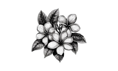 Fototapeta premium Vintage Frangipani Flowers, Tobira, Pittosporum, Engraving Vector Illustration, botanical art print, antique flower drawing, garden plant sketch, floral design, cutout.