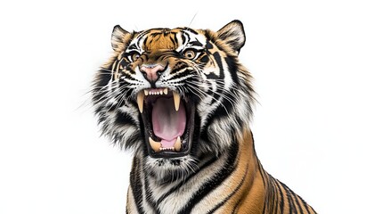 Fototapeta premium Roaring Tiger Portrait Displaying Sharp Teeth and Furious Expression on White