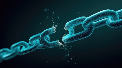 A fractured chain link, digitally rendered, against a dark teal backdrop.  The chain is a light teal, composed of interconnected polygons. 