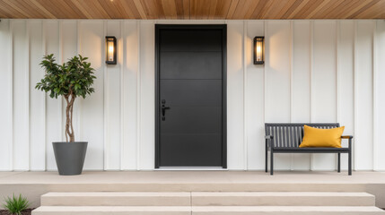 Modern entrance featuring sleek black door, stylish wall lanterns, potted tree, and bench with yellow cushion creates welcoming atmosphere