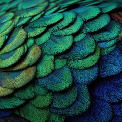Close-up of vibrant, layered bird feathers in shades of green, blue, and gold