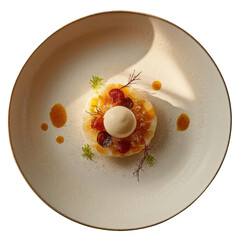 Gourmet panna cotta dessert with fruit, sauce and herb garnish