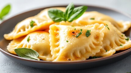 An appetizing plate of freshly made ravioli drizzled with olive oil and garnished with fresh herbs, presenting a delightful culinary experience that captures taste and quality.