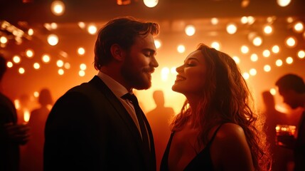 A romantic couple shares an intimate moment at a lively party, surrounded by soft, warm lights that create an enchanting and vibrant atmosphere emphasizing love and connection.