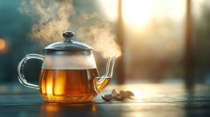 A glass teapot filled with steaming tea is elegantly displayed, creating a warm and inviting atmosphere during a beautiful sunset, symbolizing comfort and relaxation.