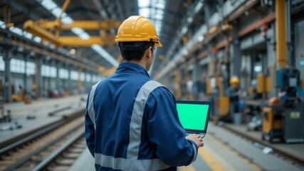 Factory worker using a laptop with a green screen in an industrial setting - Powered by Adobe