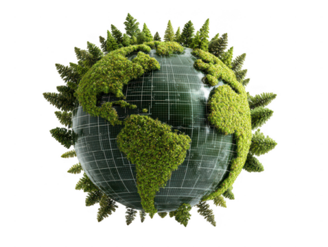Green earth globe surrounded by lush forests