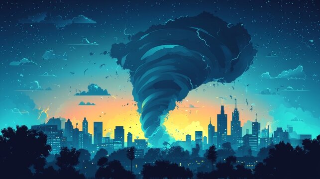 Massive tornado approaching city at sunset illustration
