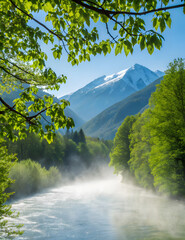 Obraz premium Misty Mountain Village River Scene at Sunrise