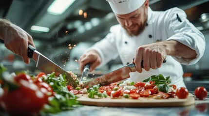 An energetic chef in a professional kitchen prepares food with precision, chopping tomatoes and greens while sparks fly from the cutting technique, showcasing culinary passion.