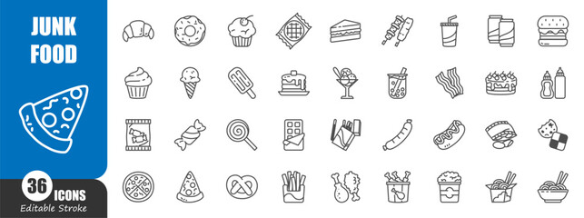 Junk food or processed food outline icon . Editable stroke . Vector .