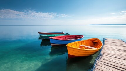 Three vibrant boats rest on tranquil waters under a clear sky, creating a serene and picturesque coastal scene perfect for relaxation and nature lovers.