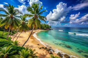 Obraz premium Stunning Tropical Beach Scene Golden Sand, Crystal Clear Ocean, and Lush Palm Trees
