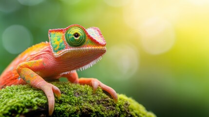 A vibrant chameleon perched on a mossy branch, showcasing its bright colors and unique features, embodying the beauty and diversity of wildlife in nature.