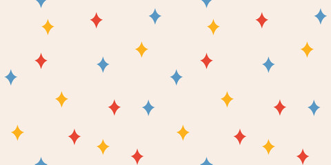 Abstract seamless cute pattern of multicolored stars on a light background; hand drawn vector illustration; blue, yellow and red color, flat style