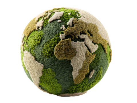 A lush green earth globe covered in moss