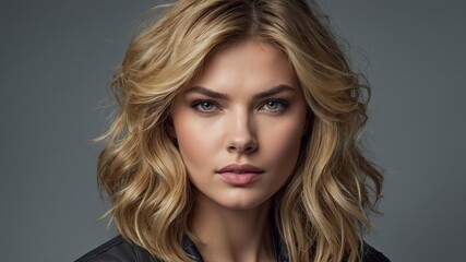 Fototapeta premium Fotografía de mujer rubia elegante con rasgos definidos, peinado con ondas, maquillaje sutil, ojos azules y fondo gris