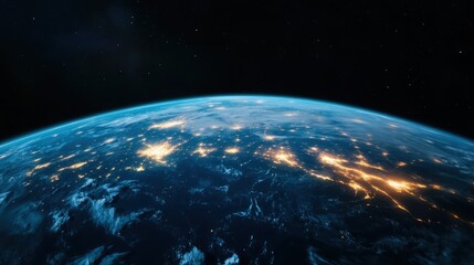 Obraz premium A stunning view of Earth from space, showcasing the globe illuminated by city lights against the vastness of the universe, representing human achievement and exploration.