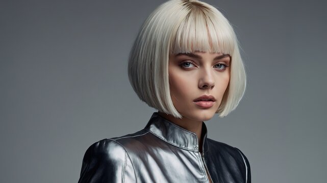 Belleza contempor&aacute;nea: una mujer con un corte de pelo bob platinado y flequillo recto, mostrando un estilo vanguardista y sofisticado.