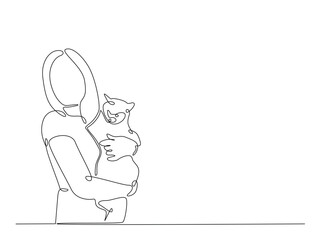 Happy woman hugging cute cat single outline illustration. Continuous line art drawing of woman hugging cat. Editable stroke.