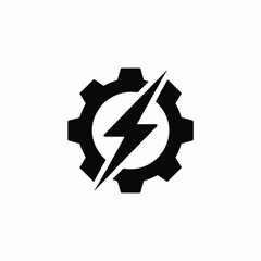 Black Gear with Lightning Bolt Icon on White Background