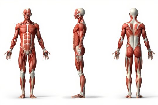 Detailed Human Muscular System Anatomy Front, Side, and Back Views