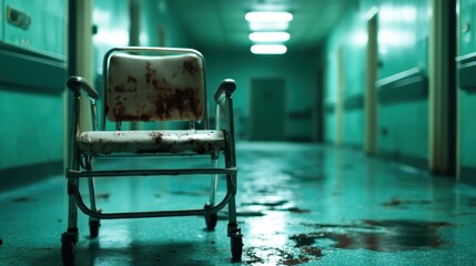 This eerie image depicts a blood-stained chair in a hospital corridor, evoking feelings of fear and mystery, perfectly capturing a haunting atmosphere.