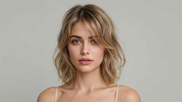 Retrato de estudio de una mujer joven con cabello rubio rojizo, transmitiendo calma, confianza y una mirada profunda. Con fondo gris