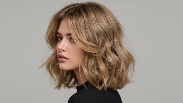 Mujer rubia cauc&aacute;sica con un look natural y fresco, su cabello rubio ligeramente ondulado enmarcando un rostro sereno y expresivo.