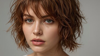 Naklejka premium Retrato artístico en primer plano de una joven con cabello castaño cobrizo y expresión introspectiva sobre fondo neutro