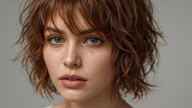 Retrato art&iacute;stico en primer plano de una joven con cabello casta&ntilde;o cobrizo y expresi&oacute;n introspectiva sobre fondo neutro