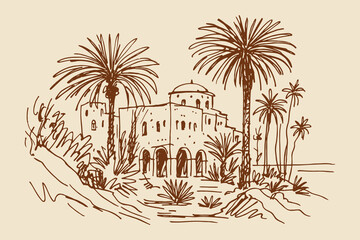 Desert architecture with palm trees loose sketch vector illustration
