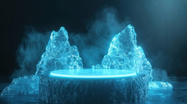 Glowing ice podium background with space for text or logos.