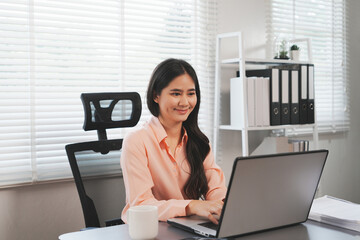 Overjoyed businesswoman happy for successful work.