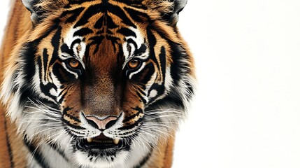 Fototapeta premium Close-up of a Bengal Tiger with Intense Gaze on White Background