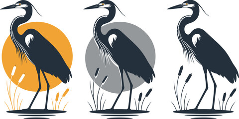 Elegant heron bird illustration, wetland wildlife design, vector graphic of great blue heron, nature silhouette with reeds, sun and moon background variations.