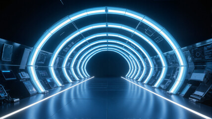 Obraz premium Bluelit hallway with electronic devices on walls