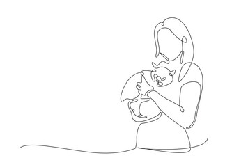Happy woman hugging cute cat single outline illustration. Continuous line art drawing of woman hugging puppy. Editable stroke.