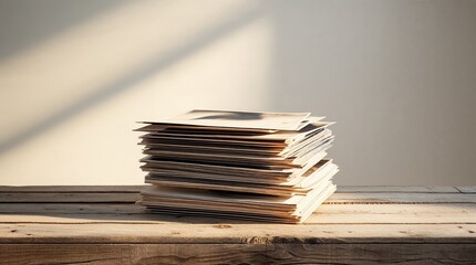 Stack of vintage envelopes on wooden surface in warm light