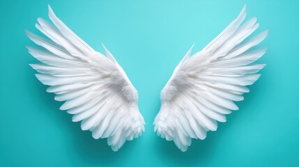 Fototapeta premium Stunning white wings gracefully spread against a vibrant turquoise backdrop, embodying concepts of freedom, purity, and beauty in a minimalist artistic style.