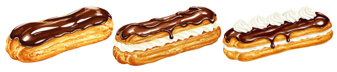 チョコレートソースの掛かったエクレアの水彩風イラストセット ホイップ生クリームとカスタードクリームのスイーツ