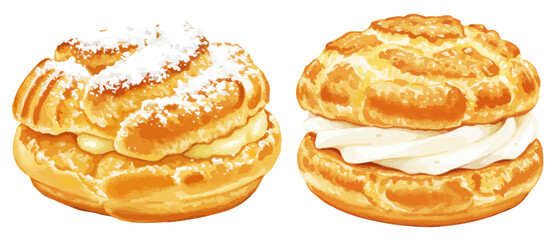 シュークリームの水彩風イラストセット ホイップ生クリームとカスタードクリームのスイーツ