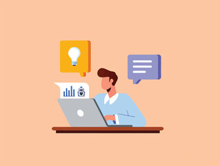 Man Working on Laptop, Brainstorming Ideas, Vector Illustration