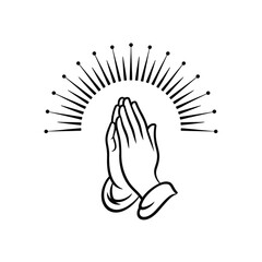 Praying Hands with Rays of Light Black and White Illustration